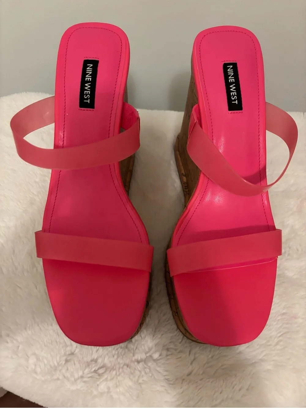 Nine West Neon Pink Cork Platform Wedge Sandals